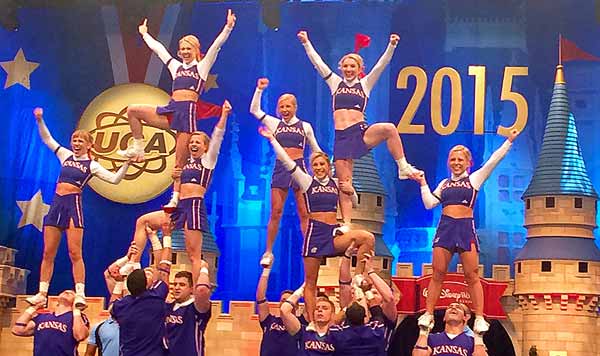 Photo of KU celebrating in the last pyramid after our zero-deduction routine at 2015 UCA College Nationals. 
